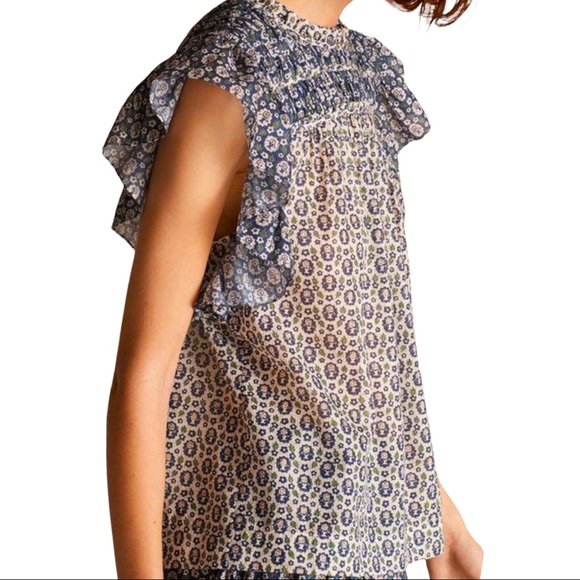 Rebecca Taylor La Vie Anthropologie Petula M Blue Metallic Floral Flutter Sleeve - Picture 2 of 6